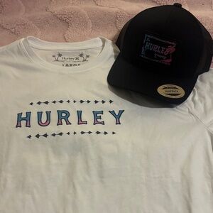 Hurley White Tee with Blue and Pink Logo + Black Trucker Hat
